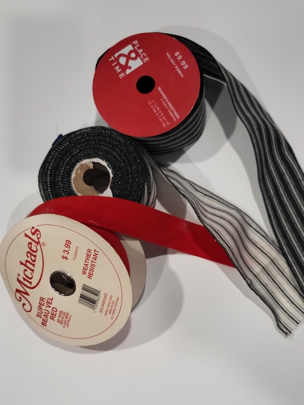 1 Michaels Red Velvet Ribbon with Green & White Striped Ribbon Set